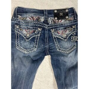 Miss Me Womens Skinny Jeans - Dark Blue with Multicolor Embroidery